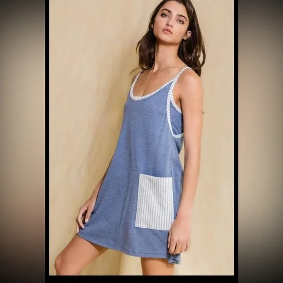 V-neck Mini Dress With Built In Romper Lining- Denim - Picture 2 of 9